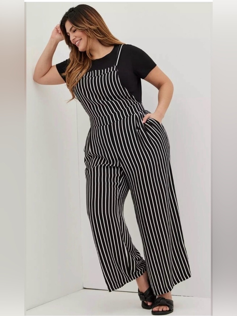 Torrid NWT Black and White Vertical Stripe Wide-Leg Jumpsuit - Picture 1 of 9